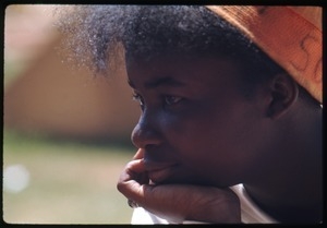 Close-up of a pensive young woman at the Resurrection City encampment