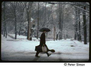 Man with cello and umbrella, walking through the snow