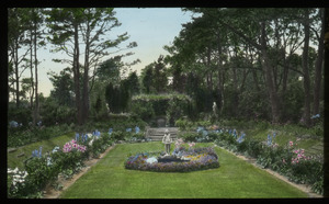 Jones Garden, Cape Cod "The moonlight Garden" (perennial borders, sculpture, framed by large pines)