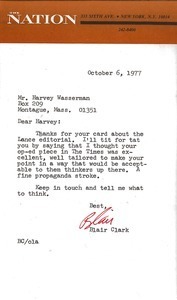 Letter from Blair Clark to Harvey Wasserman