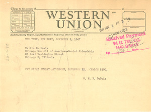 Telegram from W. E. B. Du Bois to Chicago Council of American-Soviet Friendship