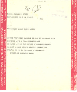 Telegram from Charles R. Garry to Shirley Graham Du Bois
