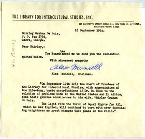 Letter from Library for Intercultural Studies, Inc. to Shirley Graham