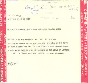 Telegram from National Institute of Arts and Letters to Mrs. W. E. B. Du Bois