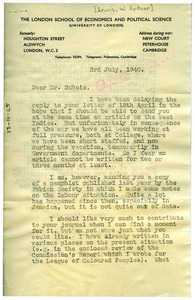 Letter from W. Arthur Lewis to W. E. B. Du Bois