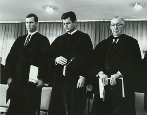 Governor Endicott Peabody, Senator Edward Kennedy, and James T. Nicholson standing at Charter Day convocation