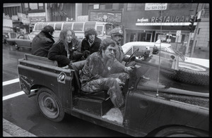 Vietnam Veterans Against the War demonstration 'Search and destroy': veterans riding in jeep along Tremont Street