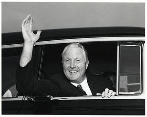 Mayor John F. Collins waving from car in Saint John, New Brunswick, Canada