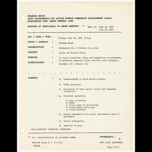 Minutes and attendance list for Washington Street - Columbus Avenue area meeting on July 23, 1962