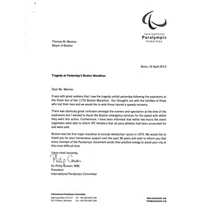 Letter from President of The International Paralympic Committee to Boston Mayor Thomas Menino