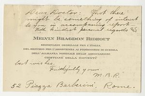 A business card with note from Melvin Bragdon Rideout to Laurence L. Doggett (1914-1920?)