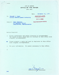 Letter from member of the Citizens Advisory Committee Eugene J. Hennessy to Mayor John Collins suggesting a potential canidate for chairman of the sub-committee on Rehabilitation with attached response and memo