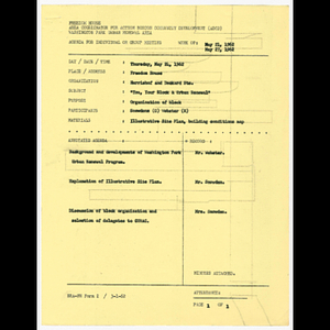 Agenda, minutes and attendance list for "You, your block and urban renewal" Harrishof and Deckard Streets meeting on May 24, 1962