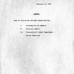 Agenda for Code of Discipline advisory board meeting on February 20, 1981