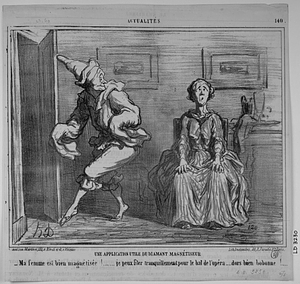 Une APPLICATION UTILE DU DIAMANT MAGNÉTISEUR. - Ma femme est bien magnétisée!....... je peux filer tranquillement pour le bal de l'opéra.... dors bien bobonne!...