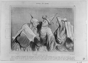 CHINOIS CAUSANT POLITIQUE. Grâce à l'antiquité et à la stabilité des constitutions de la Chine, ce pays est excessivement uni, on n'y compte guère que soixante trois partis. Aussi n'est-il pas rare de voir dans les lieux publics d'honnêtes bourgeois chinois se quereller vivement au lieu de déjeuner tranquillement, ils se lancent d'abord à la tête les arguments qu'ils puisent dans leur journal favori, puis très souvent le journal lui même prend le chemin des argumens!