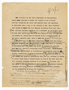 Annotated press statement by the Citizens National Committee for Sacco and Vanzetti, August 1927