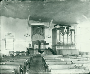 Interior of Old Ship Church, Hingham, before restoration and with 18th century pulpit.