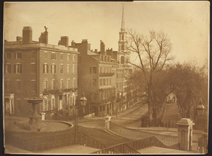 View of Park Street and Boston Common from the steps of the Massachusetts State House, including "Bulfinch Row"