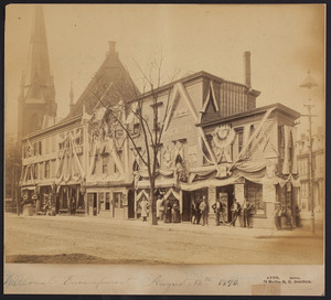 Exterior view of commercial buildings decorated for the National Encampment, August 12, 1890, Meridian Street, East Boston, Mass.
