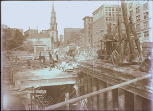 Subway construction, Tremont St., Boston, Mass., facing Park St. Church ...