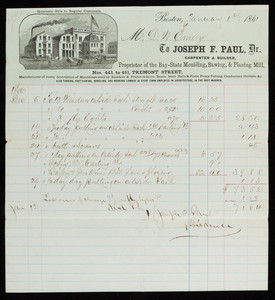 Billhead for Joseph F. Paul, Dr., carpenter & builder, Nos. 441 to 451 Tremont Street, Boston, Mass., dated January 1, 1861