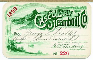 Pass for the Casco Bay Steamboat Co., Portland, Maine, 1899