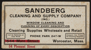 Trade card for the Sandberg Cleaning and Supply Company Inc., 34 Pleasant Street, Worcester, Mass., undated
