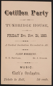 Invitation for cotillon party, Tunbridge House, location unknown, November 2, 1883