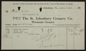 Billhead for The Saint Johnsbury Grocery Co., wholesale grocers, Saint Johnsbury, Vermont, dated April 2, 1921