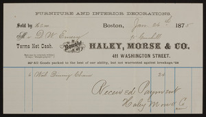 Billhead for Haley, Morse & Co., furniture and interior decorations, 411 Washington Street, Boston, Mass., dated January 26, 1875