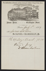 Billhead for the Adams House, hotel, Washington Street, Boston, Mass., dated July 1, 1864