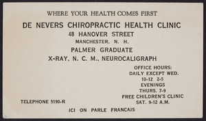 Trade card for De Nevers Chiropractic Health Clinic, 48 Hanover Street, Manchester, New Hampshire, undated