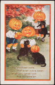 "The blackest cats that ever were seen wish you good luck this Hallowe'en"