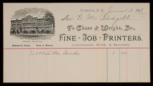 Billhead for Chase and Wright, Dr., fine job printers, Plymouth, New Hampshire, dated June 3, 1891