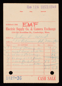 Billhead 1827-36, January 25, EMF Electric Supply Co. & Camera Exchange, 110-120 Brookline Street, Cambridge, Mass.