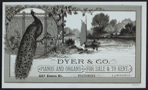Trade cards for Dyer & Co., pianos and organs for sale & to rent, 337 Essex Street, Lawrence, Mass., undated
