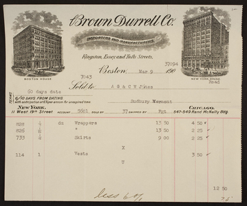 Billhead for Brown Durrell Co., importers and manufacturers, Essex Street, Boston, Mass., March 9, 1907