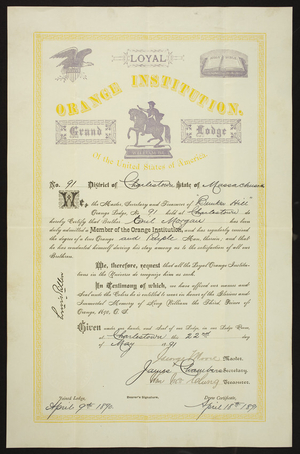 Membership Certificate for the Orange Institution of the United States of America, Charlestown, Mass., dated May 22, 1891