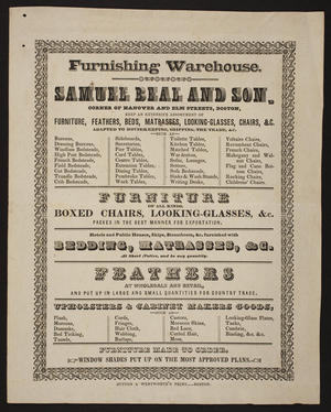 Circular for Samuel Beal and Son, furnishing warehouse, corner of Hanover and Elm Streets, Boston, Mass., undated