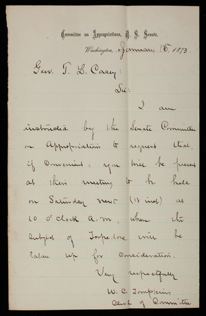 W. C. Thomkins to Thomas Lincoln Casey, January 16, 1873