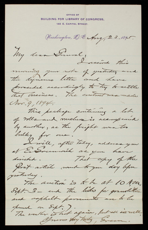 [Bernard R.] Green to Thomas Lincoln Casey, August 23, 1895