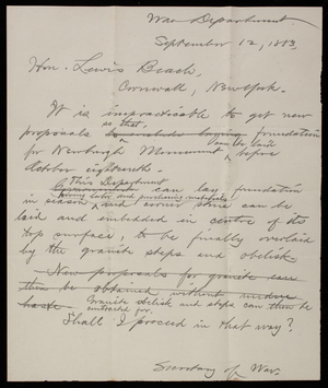 Thomas Lincoln Casey to Hon. Lewis Beach, September 12, 1883, draft
