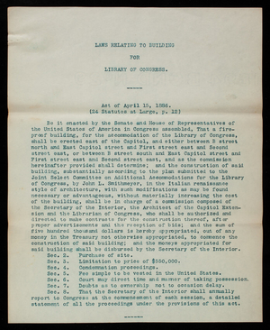 Library Of Congress: Laws Relating To Library Building, Undated ...