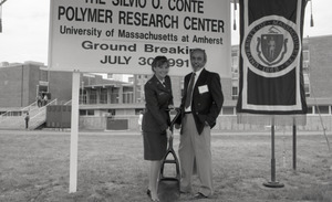 Ceremonial groundbreaking for the Conte Center: unidentified woman in army uniform and man at groundbreaking