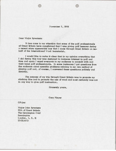 Letter from Gary Player to John Bywaters