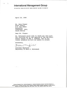 Letter from Gretchen Mayfield to Gary Player