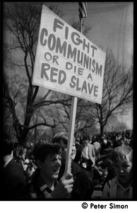 Resistance on the Boston Common: counter-protester (Polish Freedom Fighters Inc.) carrying sign reading 'Fight Communism or die a red slave'