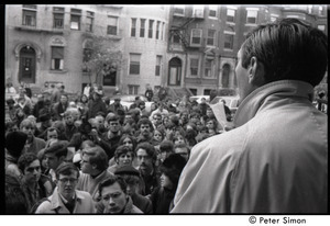 View over Howard Zinn's shoulder of protesters outside the University Placement Office, Boston University, demonstrating on-campus recruiting by Dow Chemical Co.
