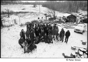 Group photo of members of Packer Corners and Tree Frog Farm communes, taken from Packer Corners farmhouse roof